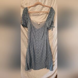 Baby blue, white polka dot dress